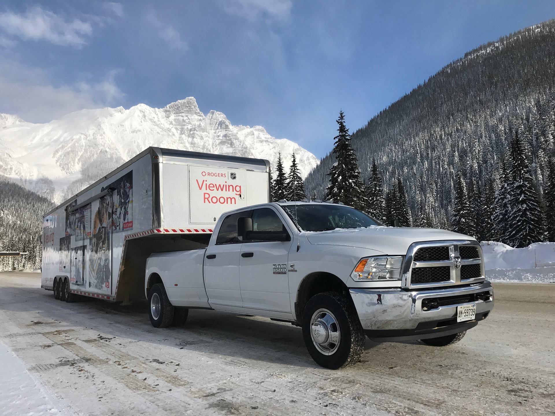 Rogers NHL Viewing Room trailer being transported through the mountains